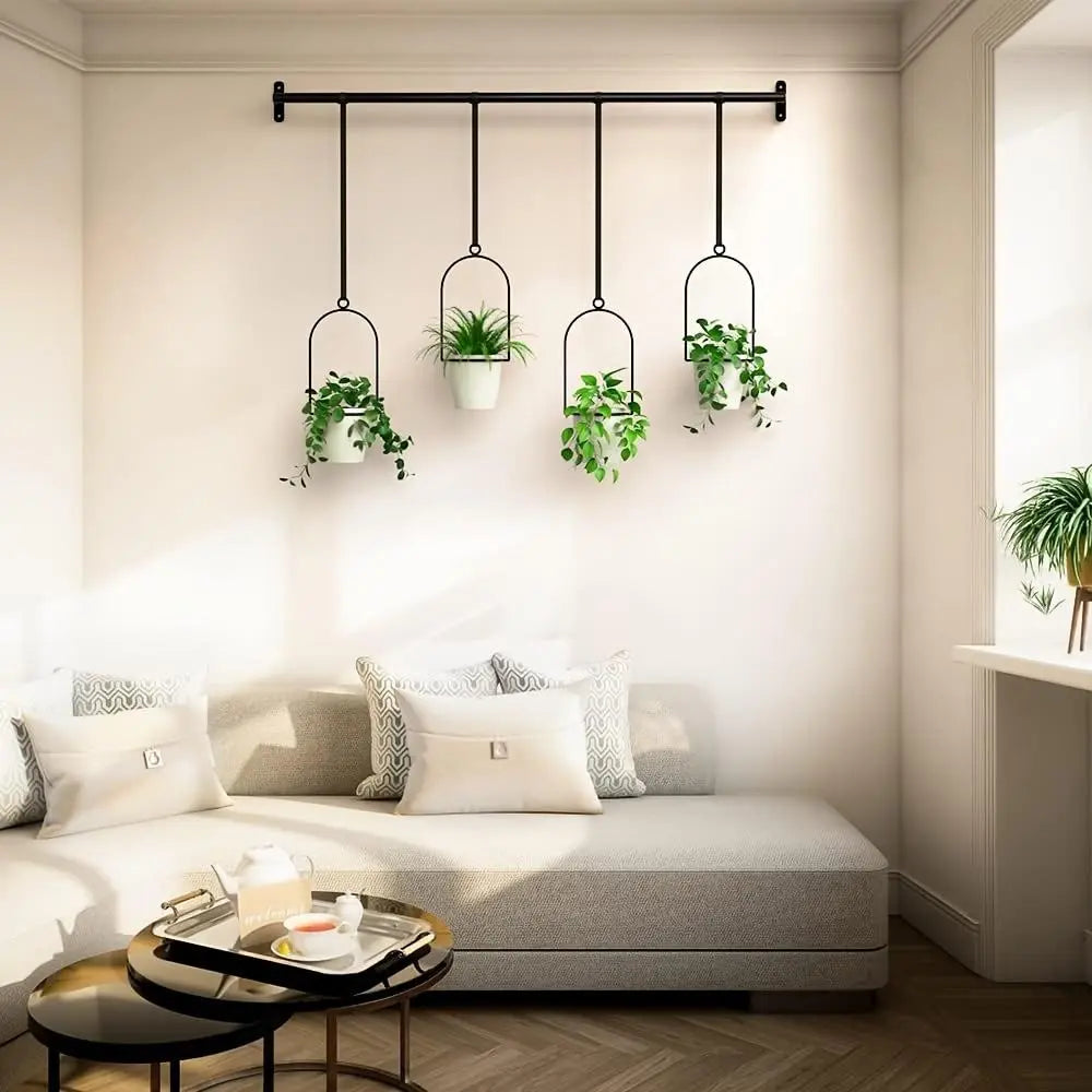 Adjustable Metal Hanging Planter Set with 4 Pots – Expandable Indoor Herb Garden Rail for Window, Wall & Ceiling
