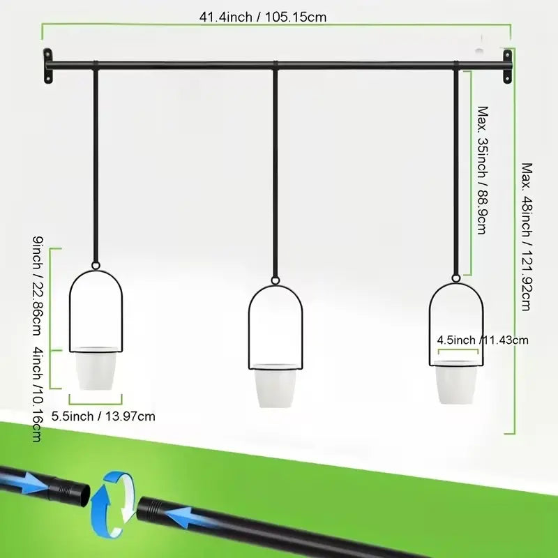Adjustable Metal Hanging Planter Set with 4 Pots – Expandable Indoor Herb Garden Rail for Window, Wall & Ceiling