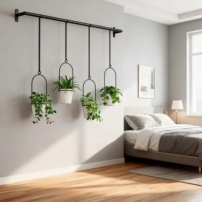Adjustable Metal Hanging Planter Set with 4 Pots – Expandable Indoor Herb Garden Rail for Window, Wall & Ceiling