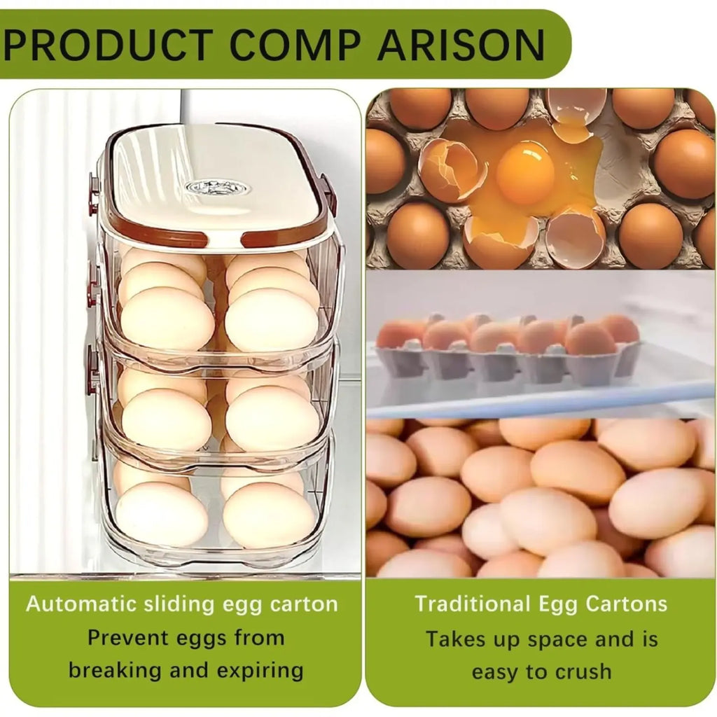 3-Tier 42-Egg Refrigerator Organizer with Lid & Auto Rolling Dispenser