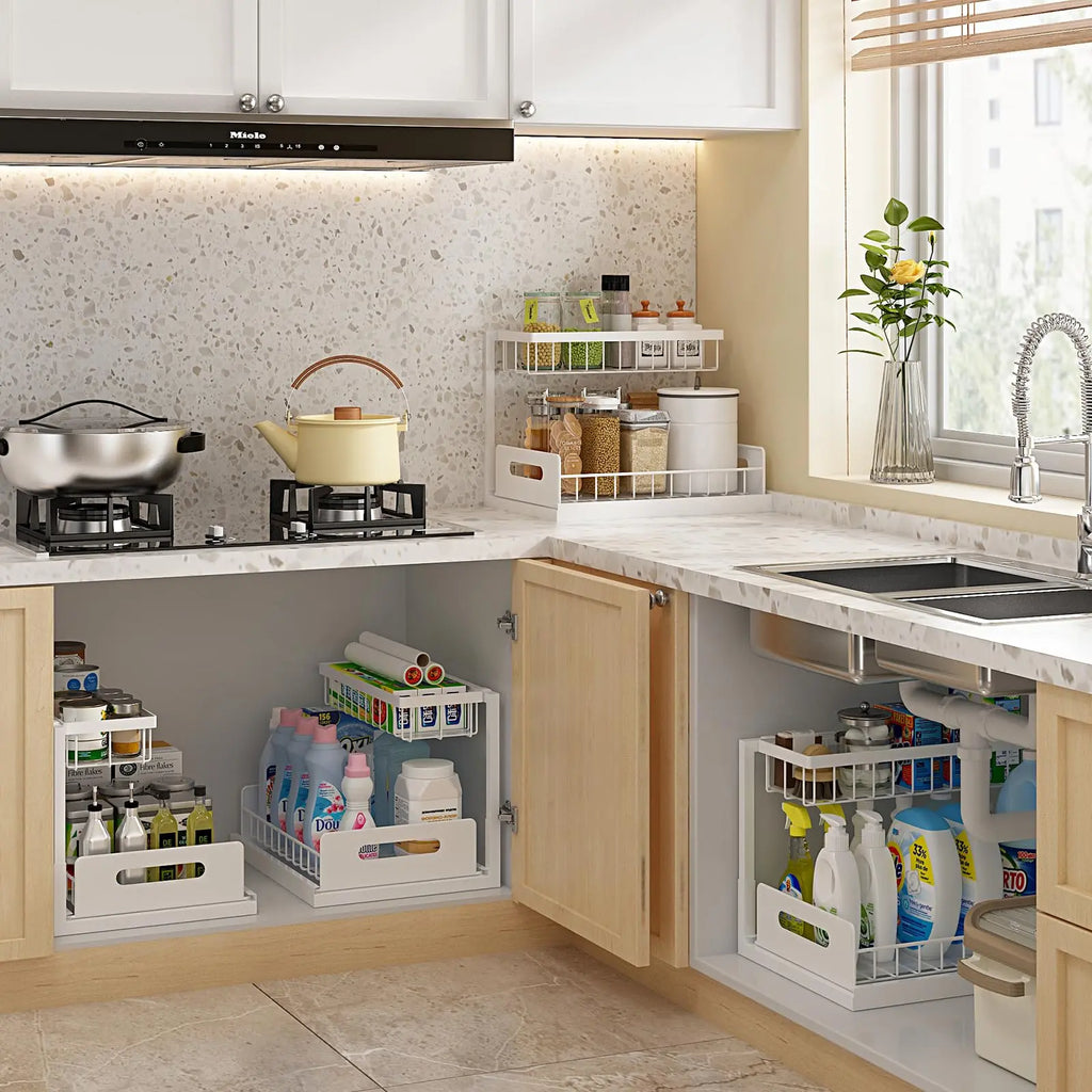 2 Pack under Sink Organizer, Pull Out Cabinet Organizer, 2 Tier Slide Out Sink Shelf Cabinet Storage Shelves, Storage for Kitchen Bathroom