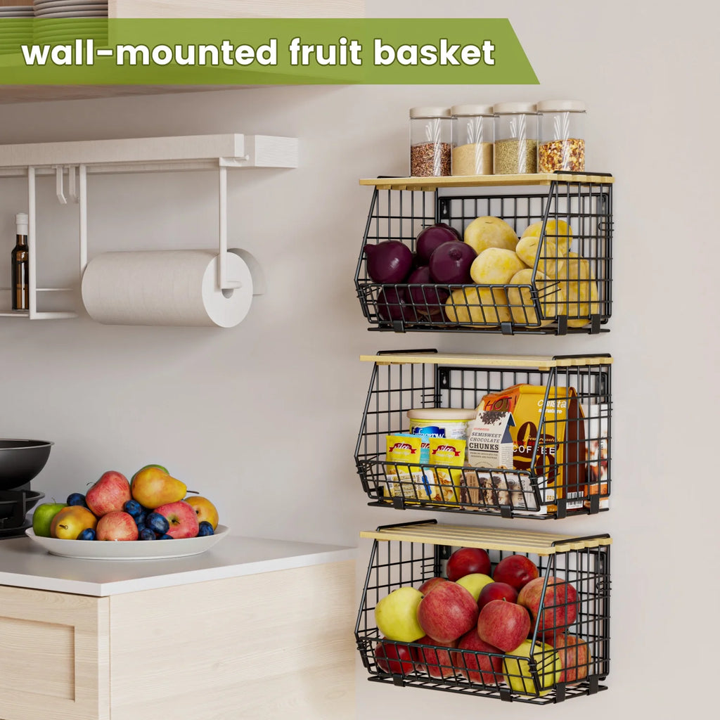 Stackable Fruit Baskets with Lid, 3 Pack Hanging Wire Fruit Basket for Kitchen Counter, Pantry Organizer for Fruits, Potatoes, Onions, Black
