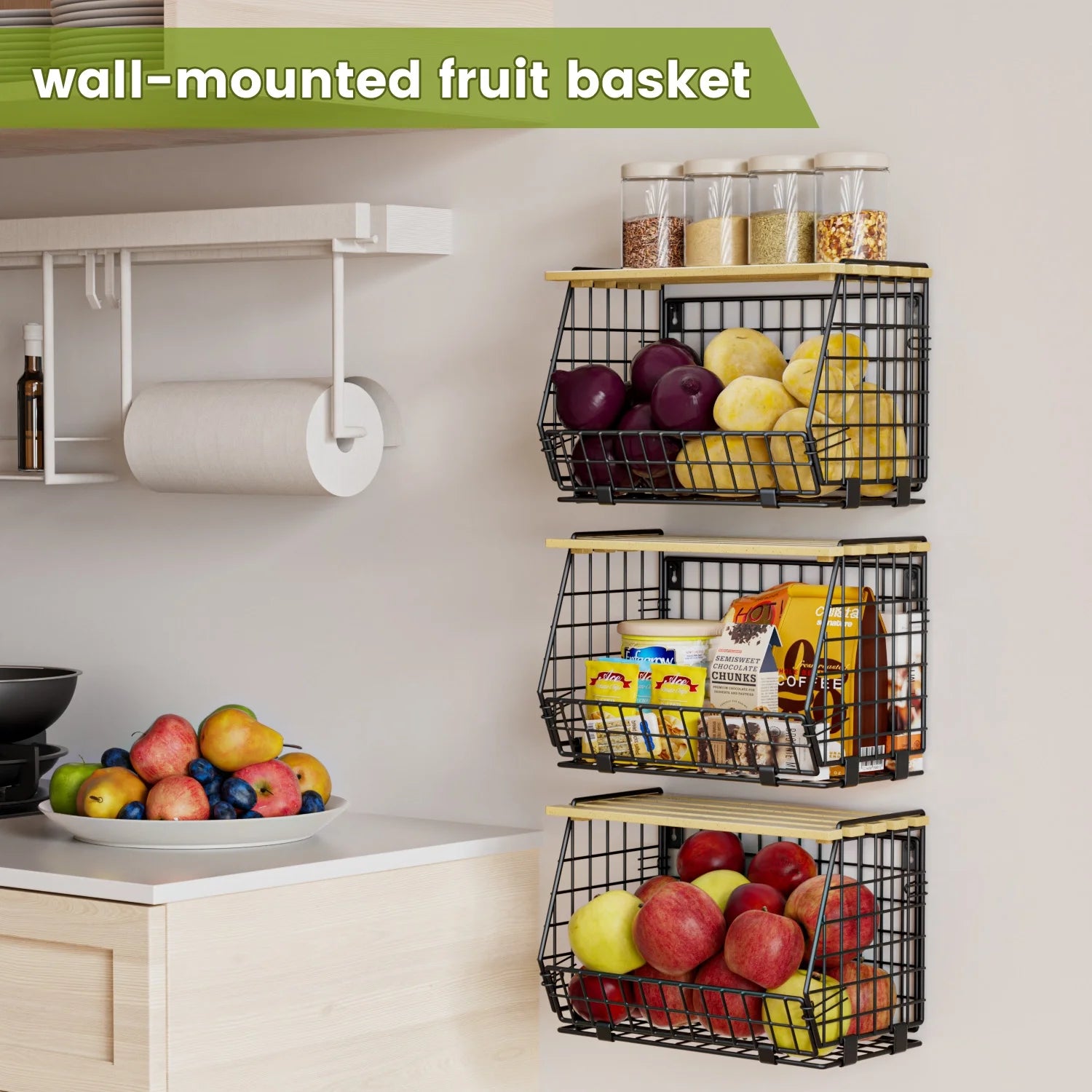 Stackable Fruit Baskets with Lid, 3 Pack Hanging Wire Fruit Basket for Kitchen Counter, Pantry Organizer for Fruits, Potatoes, Onions, Black