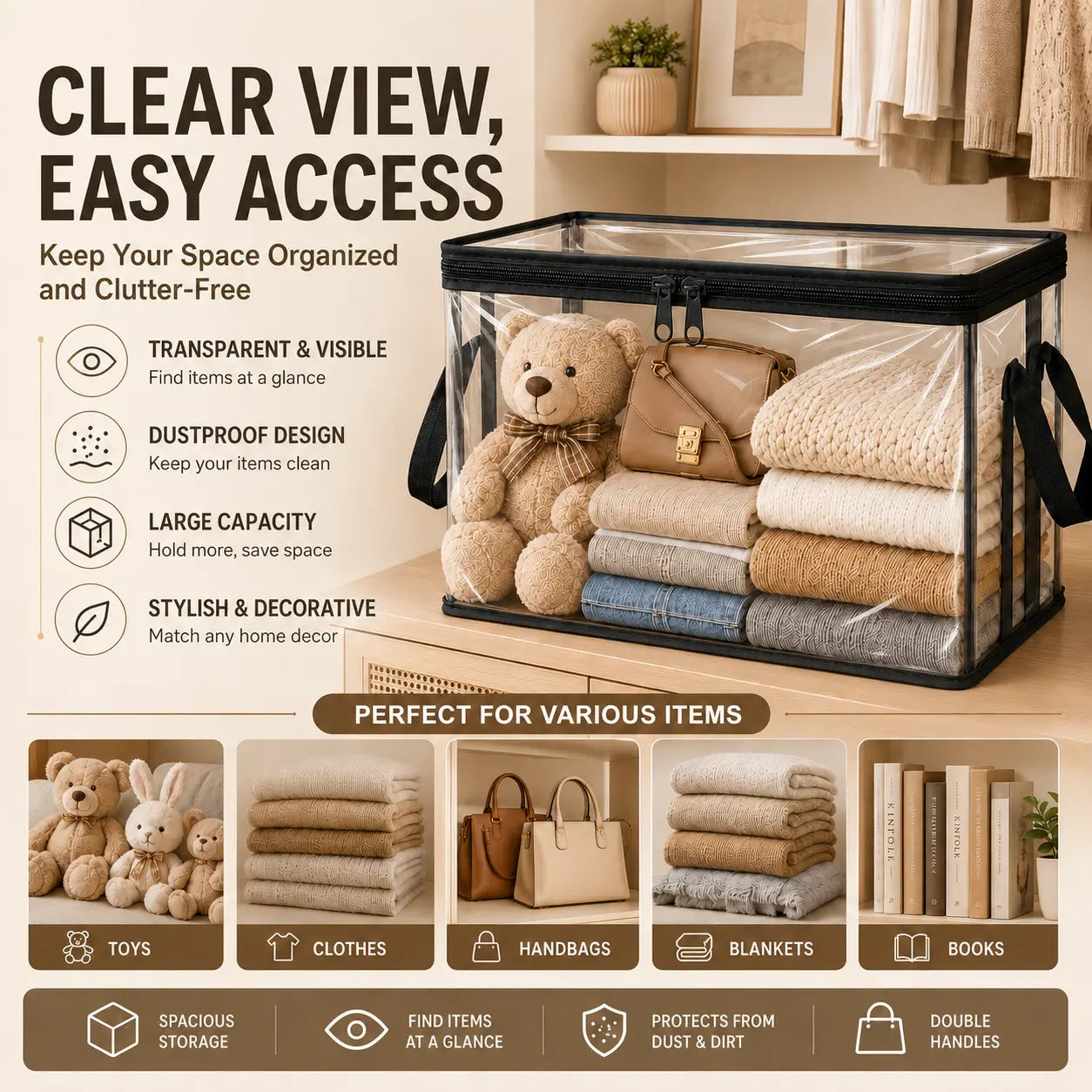 Black PVC Stuffed Animal Storage Box – Dustproof Toy Organizer with Handles for Kids’ Room & Playroom