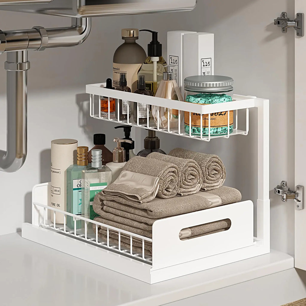 2 Pack under Sink Organizer, Pull Out Cabinet Organizer, 2 Tier Slide Out Sink Shelf Cabinet Storage Shelves, Storage for Kitchen Bathroom