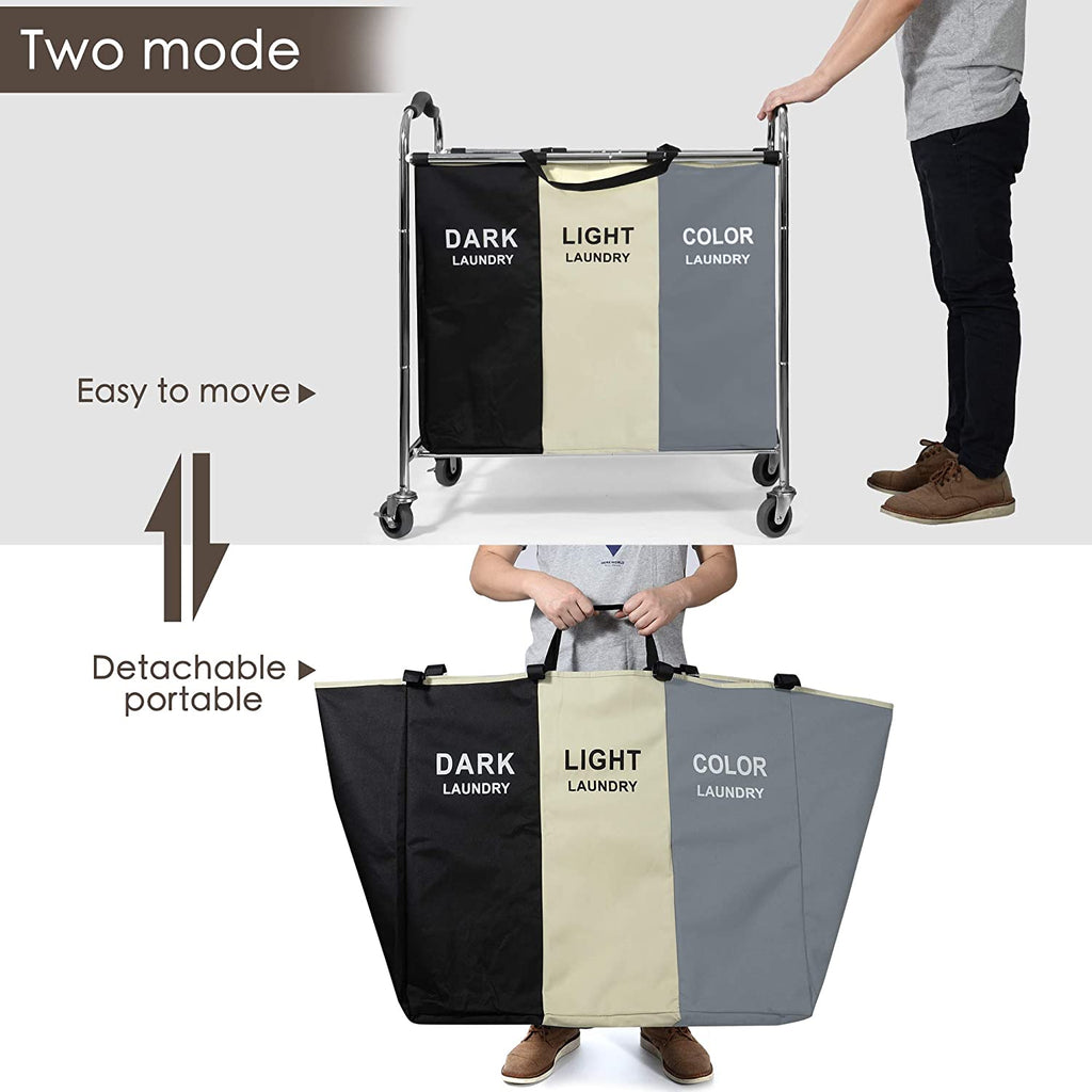 Large 3-Section Laundry Hamper Sorter, Rolling Laundry Basket Cart with Waterproof Removable Bags, Heavy-Duty Metal Frame, Side Pockets & Locking Wheels for Bedroom, Bathroom, Dorm & Laundry Room