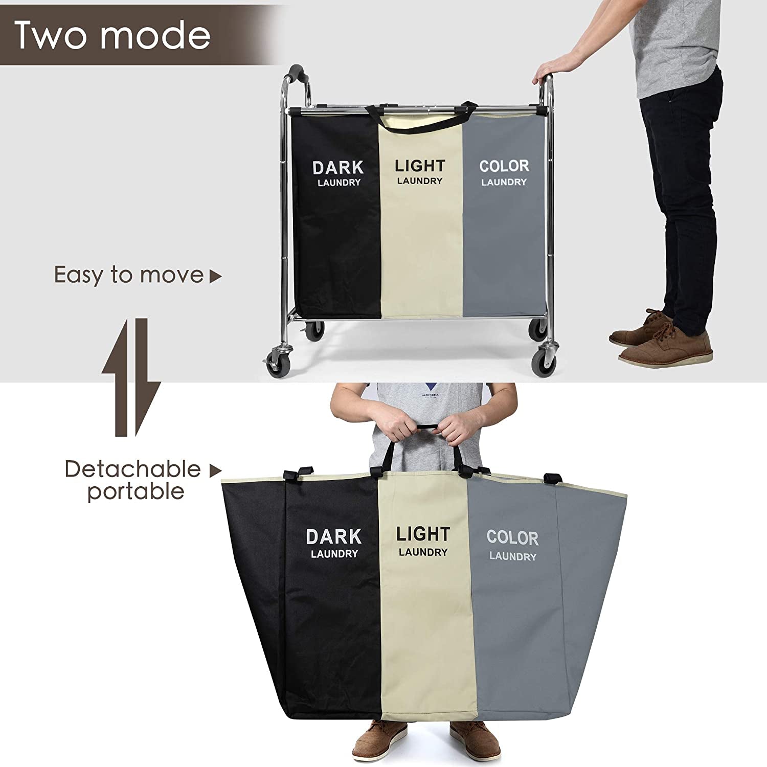Large 3-Section Laundry Hamper Sorter, Rolling Laundry Basket Cart with Waterproof Removable Bags, Heavy-Duty Metal Frame, Side Pockets & Locking Wheels for Bedroom, Bathroom, Dorm & Laundry Room