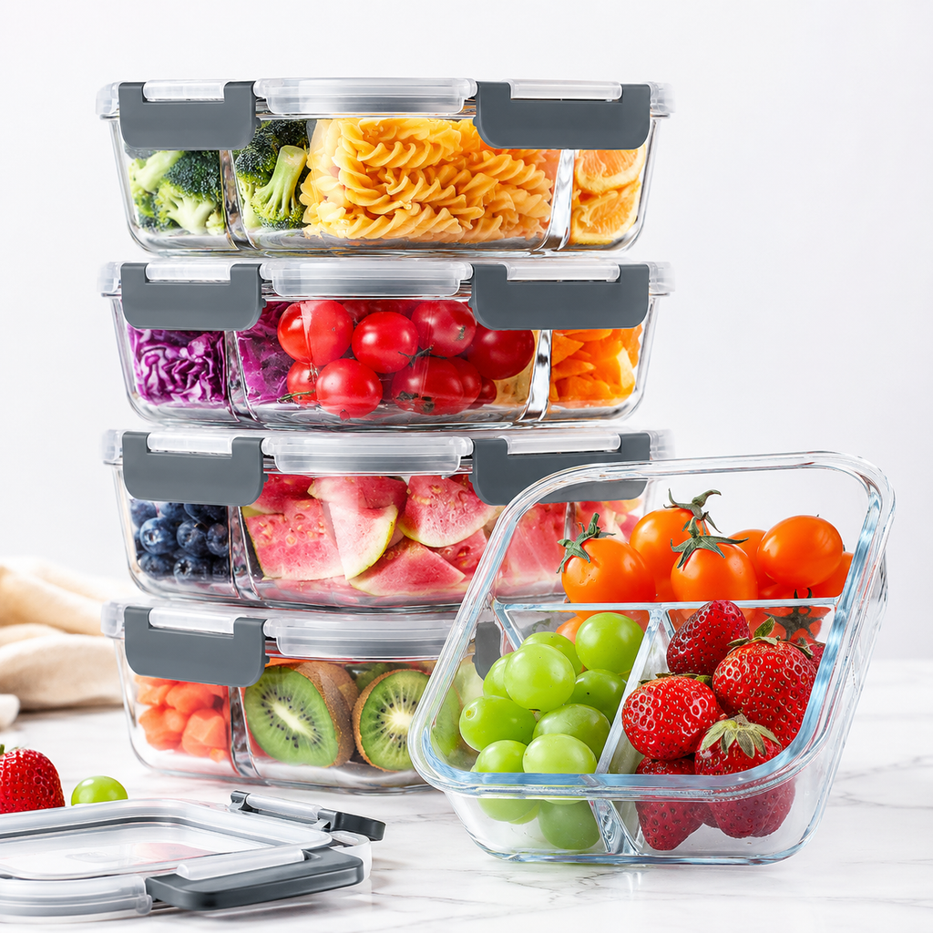 5 Pack Glass Meal Prep Containers 3 Compartment Set, 36OZ Airtight Glass Lunch Containers, Glass Food Storage Containers with Lids, for Microwave, Oven, Freezer & Dishwasher Friendly,Grey