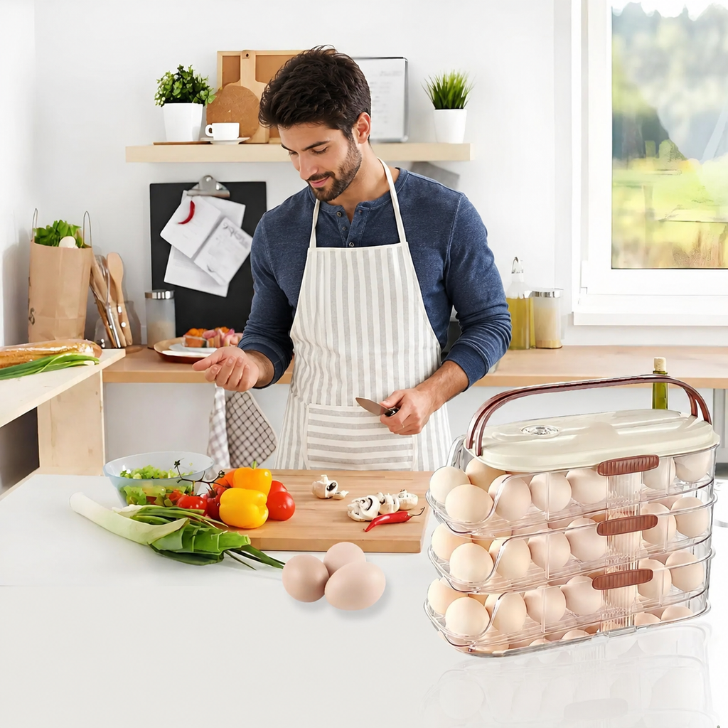 3-Tier 42-Egg Refrigerator Organizer with Lid & Auto Rolling Dispenser