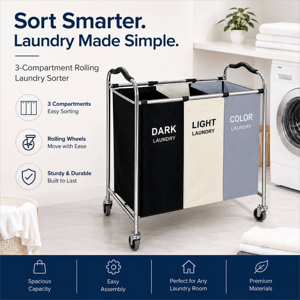 Large 3-Section Laundry Hamper Sorter, Rolling Laundry Basket Cart with Waterproof Removable Bags, Heavy-Duty Metal Frame, Side Pockets & Locking Wheels for Bedroom, Bathroom, Dorm & Laundry Room