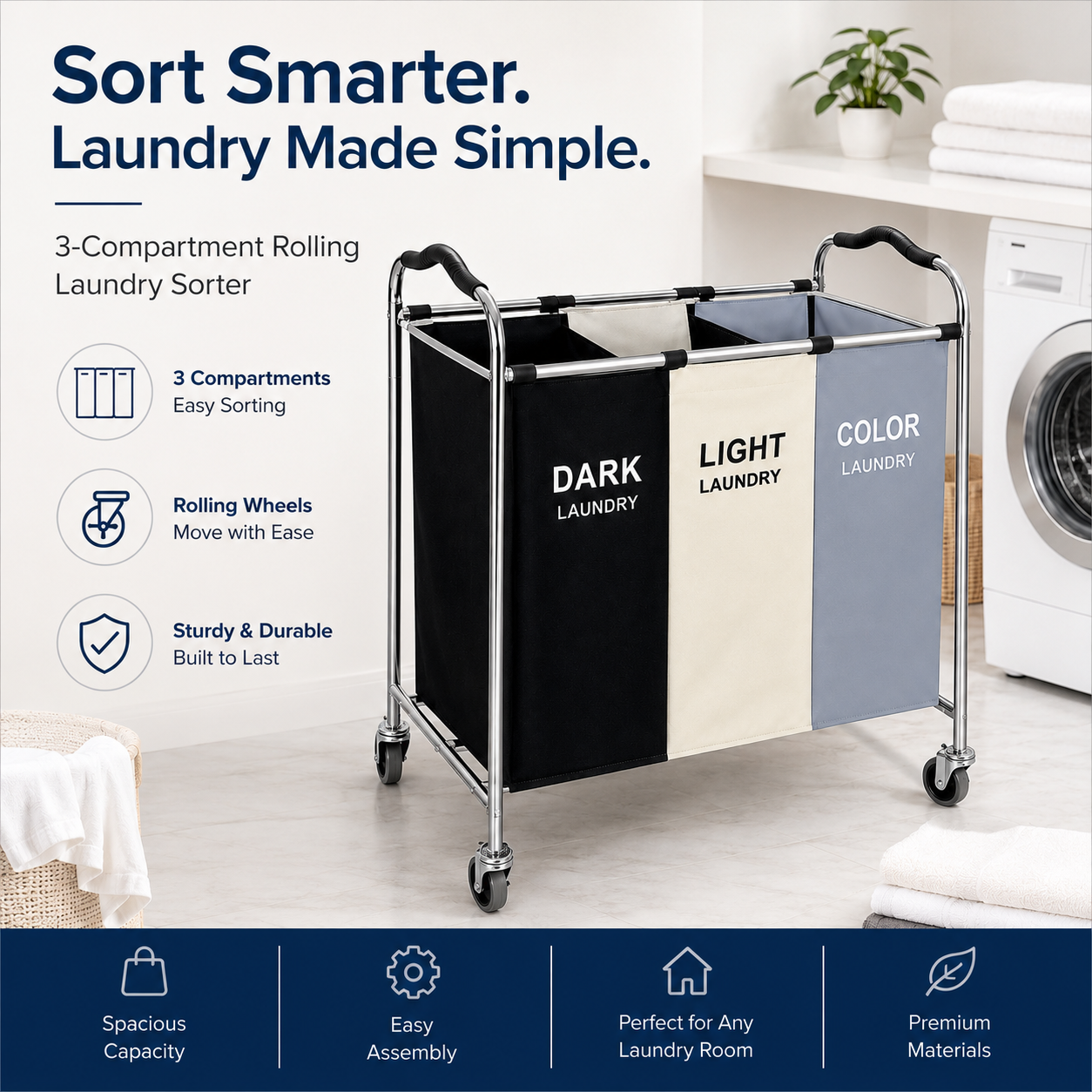 Large 3-Section Laundry Hamper Sorter, Rolling Laundry Basket Cart with Waterproof Removable Bags, Heavy-Duty Metal Frame, Side Pockets & Locking Wheels for Bedroom, Bathroom, Dorm & Laundry Room