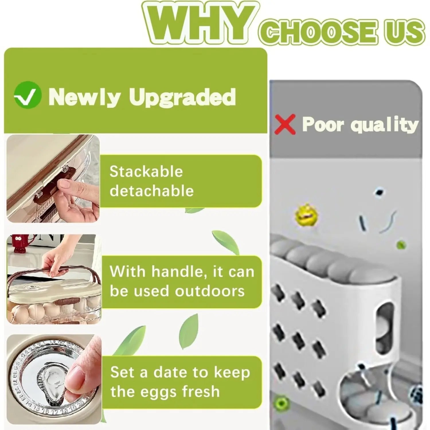 3-Tier 42-Egg Refrigerator Organizer with Lid & Auto Rolling Dispenser
