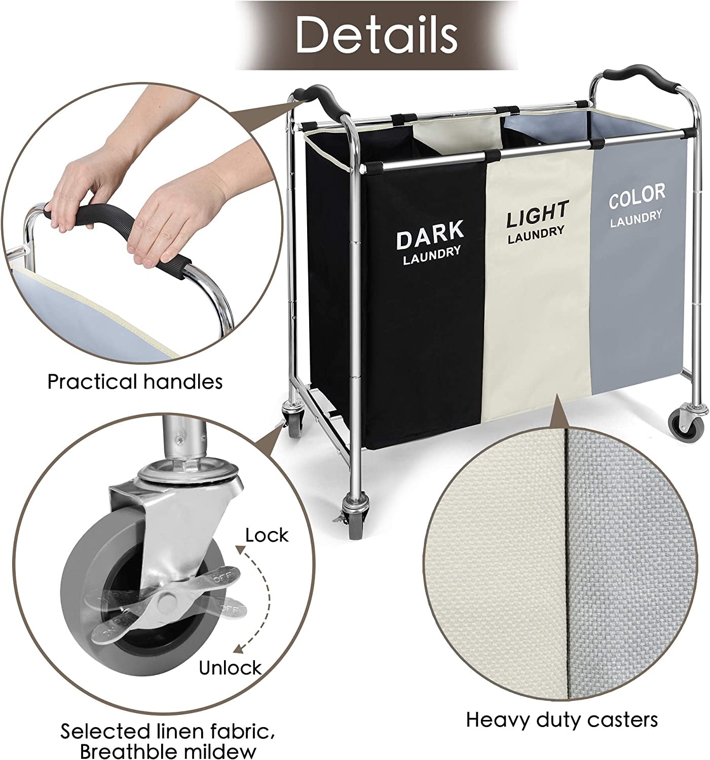 Large 3-Section Laundry Hamper Sorter, Rolling Laundry Basket Cart with Waterproof Removable Bags, Heavy-Duty Metal Frame, Side Pockets & Locking Wheels for Bedroom, Bathroom, Dorm & Laundry Room