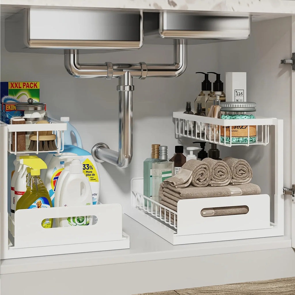 2 Pack under Sink Organizer, Pull Out Cabinet Organizer, 2 Tier Slide Out Sink Shelf Cabinet Storage Shelves, Storage for Kitchen Bathroom