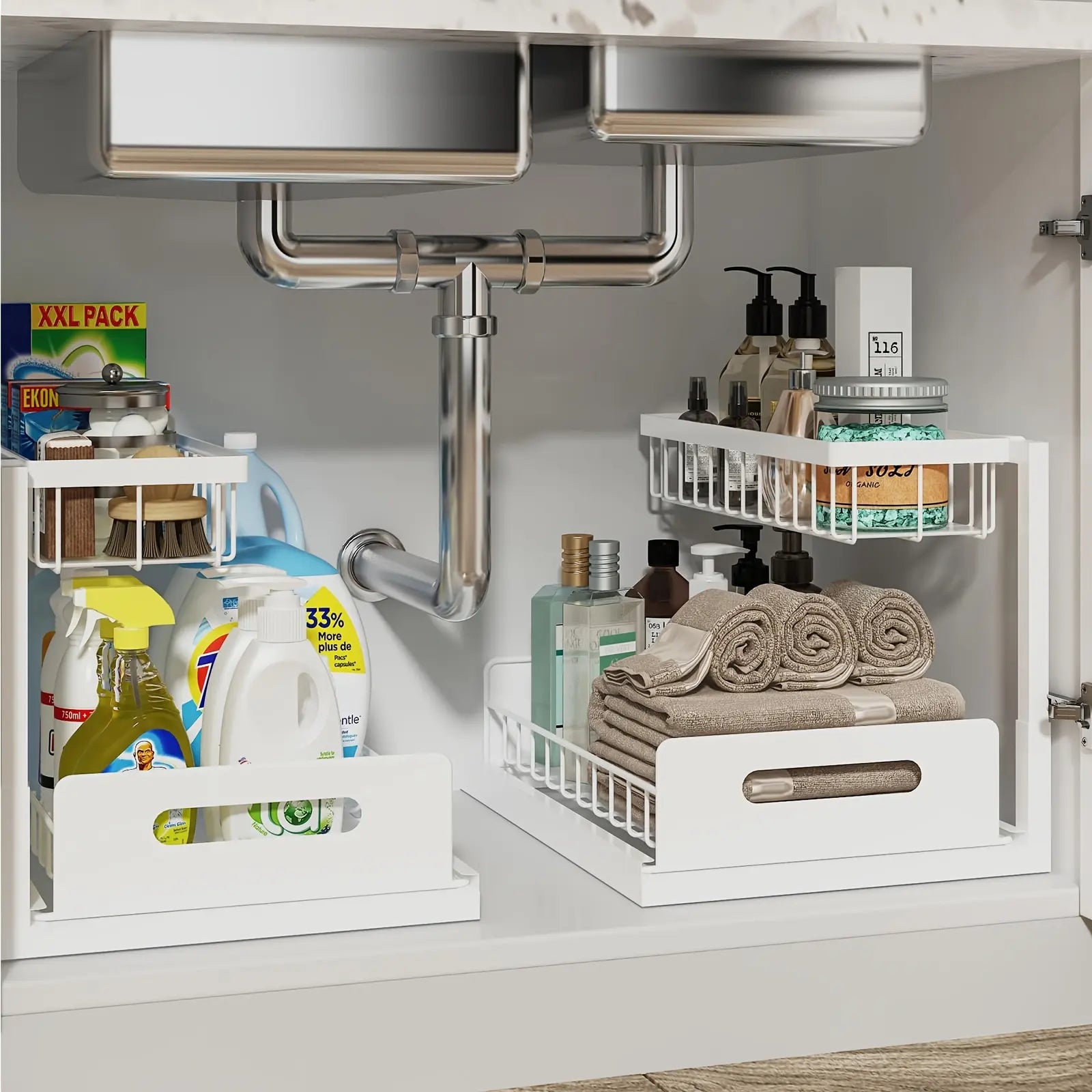2 Pack under Sink Organizer, Pull Out Cabinet Organizer, 2 Tier Slide Out Sink Shelf Cabinet Storage Shelves, Storage for Kitchen Bathroom