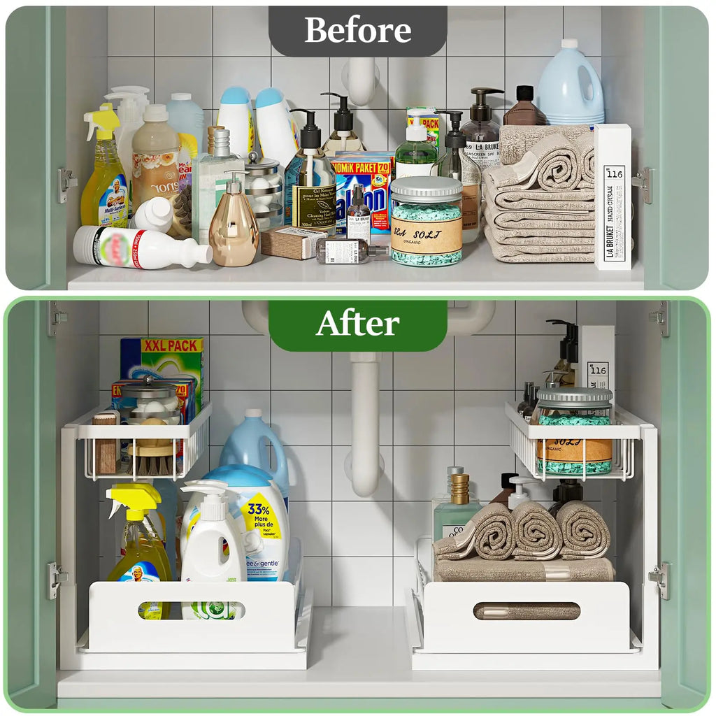 2 Pack under Sink Organizer, Pull Out Cabinet Organizer, 2 Tier Slide Out Sink Shelf Cabinet Storage Shelves, Storage for Kitchen Bathroom