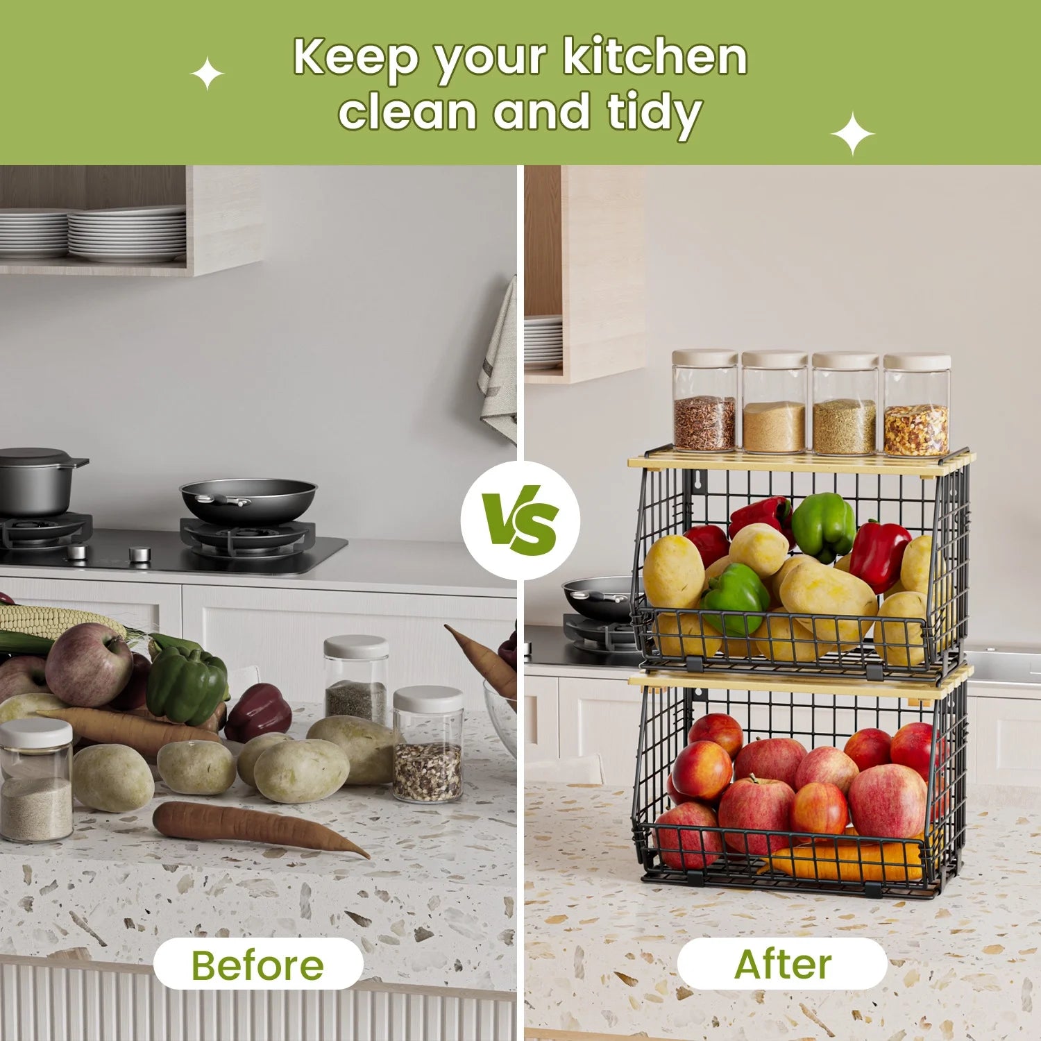 Stackable Fruit Baskets with Lid, 3 Pack Hanging Wire Fruit Basket for Kitchen Counter, Pantry Organizer for Fruits, Potatoes, Onions, Black