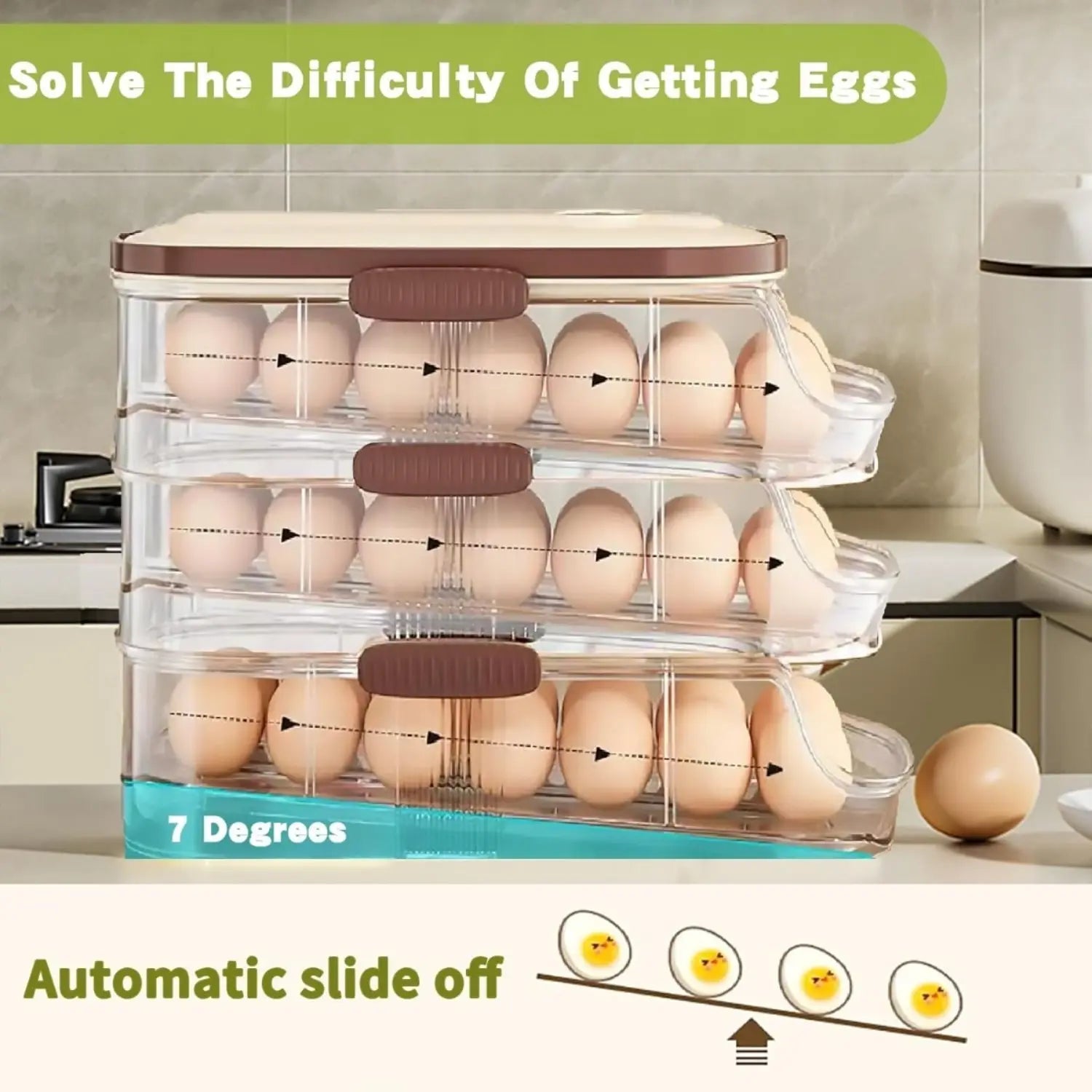 3-Tier 42-Egg Refrigerator Organizer with Lid & Auto Rolling Dispenser