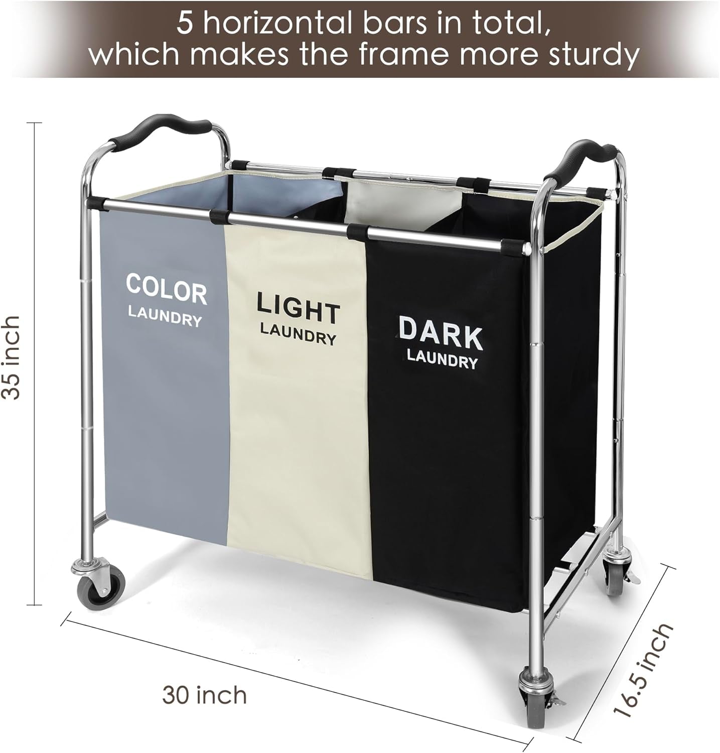 Large 3-Section Laundry Hamper Sorter, Rolling Laundry Basket Cart with Waterproof Removable Bags, Heavy-Duty Metal Frame, Side Pockets & Locking Wheels for Bedroom, Bathroom, Dorm & Laundry Room