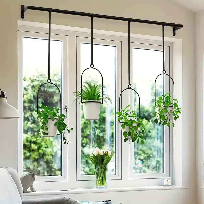 Adjustable Metal Hanging Planter Set with 4 Pots – Expandable Indoor Herb Garden Rail for Window, Wall & Ceiling