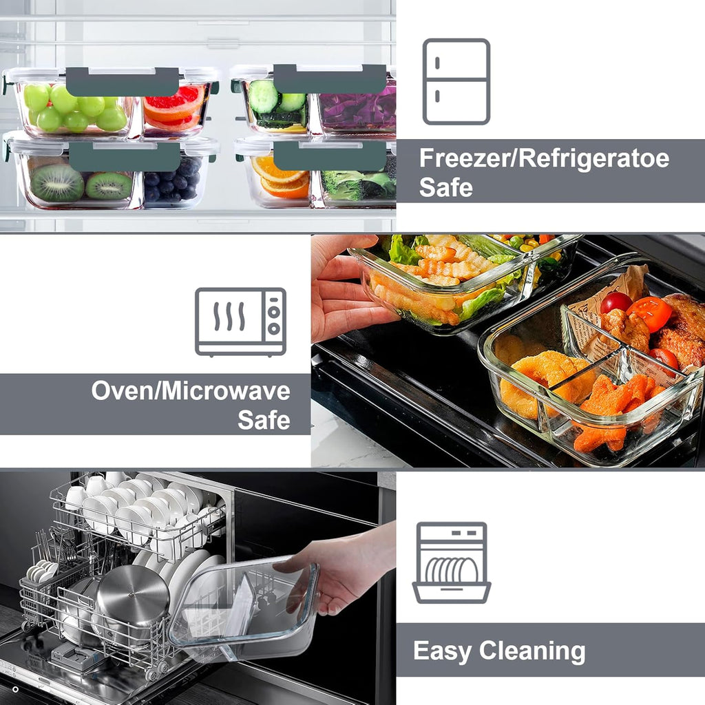 5 Pack Glass Meal Prep Containers 3 Compartment Set, 36OZ Airtight Glass Lunch Containers, Glass Food Storage Containers with Lids, for Microwave, Oven, Freezer & Dishwasher Friendly,Grey