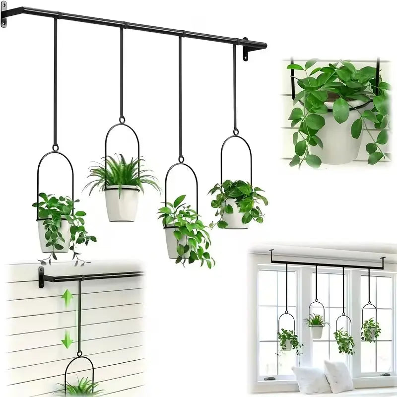 Adjustable Metal Hanging Planter Set with 4 Pots – Expandable Indoor Herb Garden Rail for Window, Wall & Ceiling