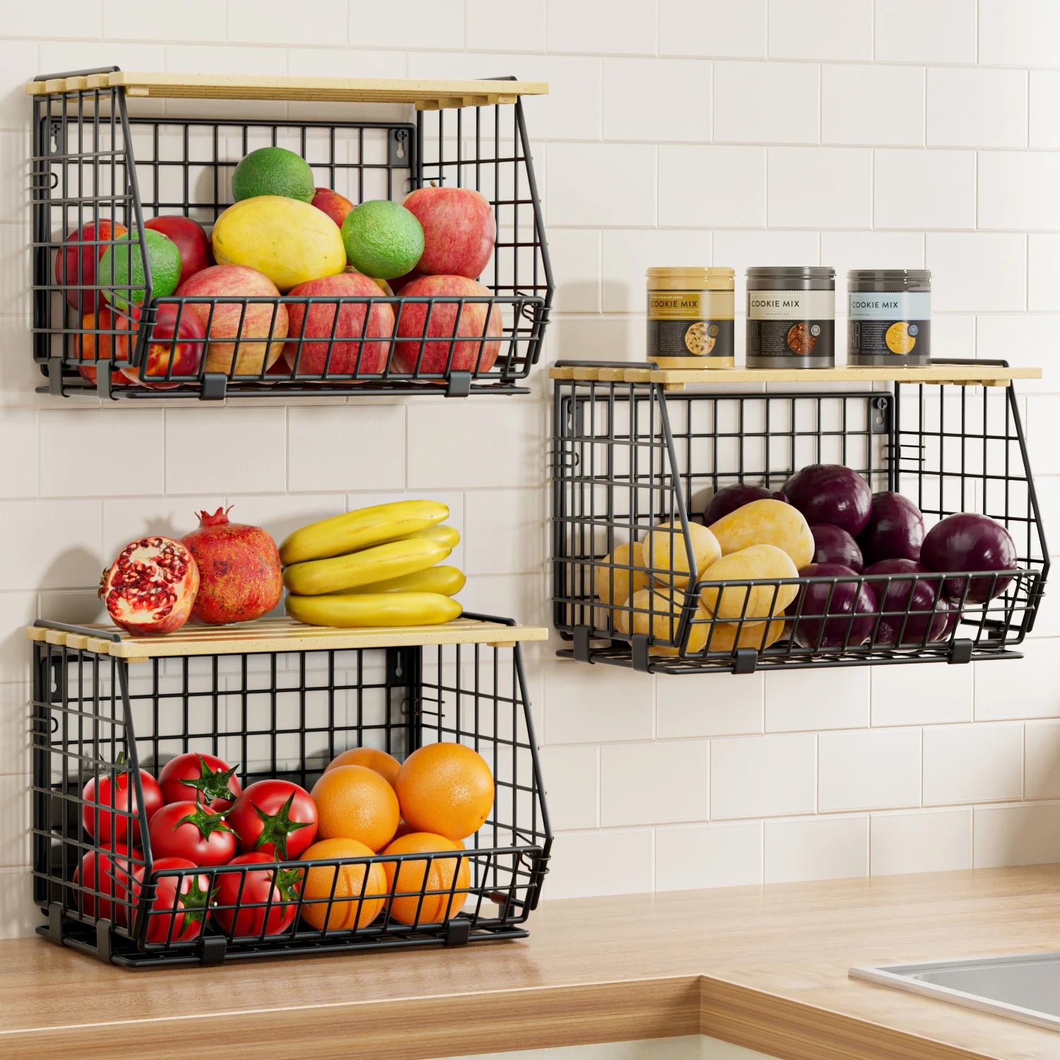 Stackable Fruit Baskets with Lid, 3 Pack Hanging Wire Fruit Basket for Kitchen Counter, Pantry Organizer for Fruits, Potatoes, Onions, Black