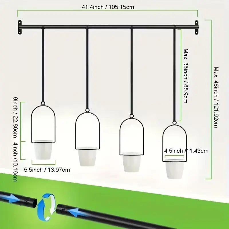 Adjustable Metal Hanging Planter Set with 4 Pots – Expandable Indoor Herb Garden Rail for Window, Wall & Ceiling
