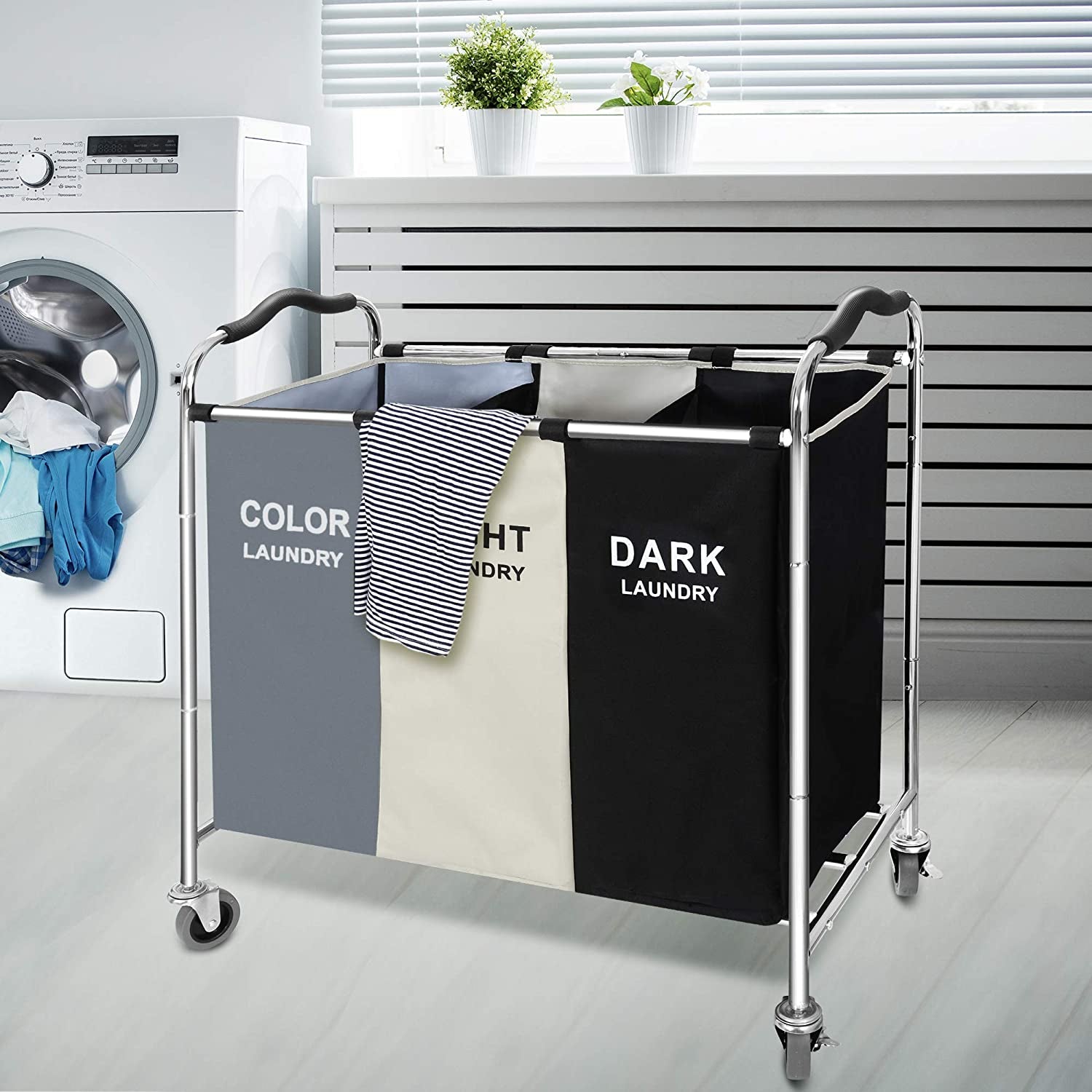 Large 3-Section Laundry Hamper Sorter, Rolling Laundry Basket Cart with Waterproof Removable Bags, Heavy-Duty Metal Frame, Side Pockets & Locking Wheels for Bedroom, Bathroom, Dorm & Laundry Room