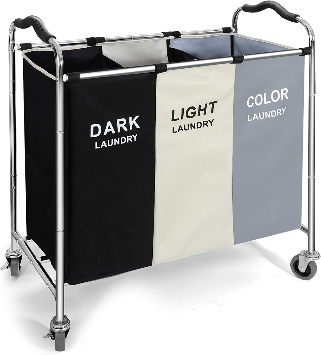 Large 3-Section Laundry Hamper Sorter, Rolling Laundry Basket Cart with Waterproof Removable Bags, Heavy-Duty Metal Frame, Side Pockets & Locking Wheels for Bedroom, Bathroom, Dorm & Laundry Room