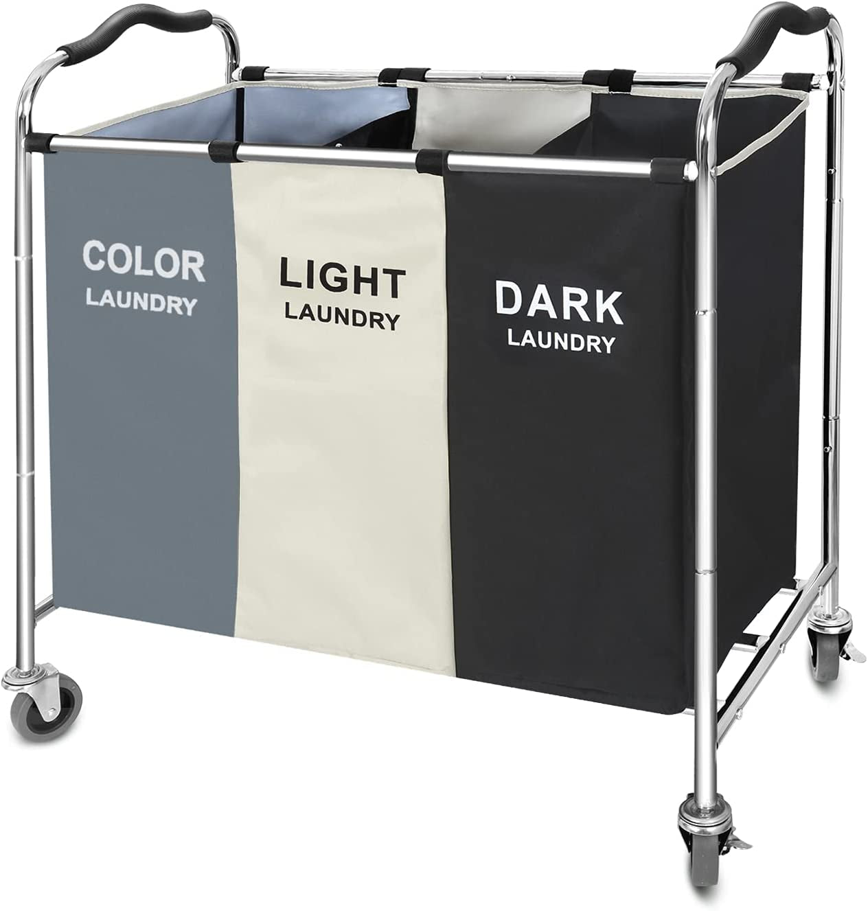 Large 3-Section Laundry Hamper Sorter, Rolling Laundry Basket Cart with Waterproof Removable Bags, Heavy-Duty Metal Frame, Side Pockets & Locking Wheels for Bedroom, Bathroom, Dorm & Laundry Room