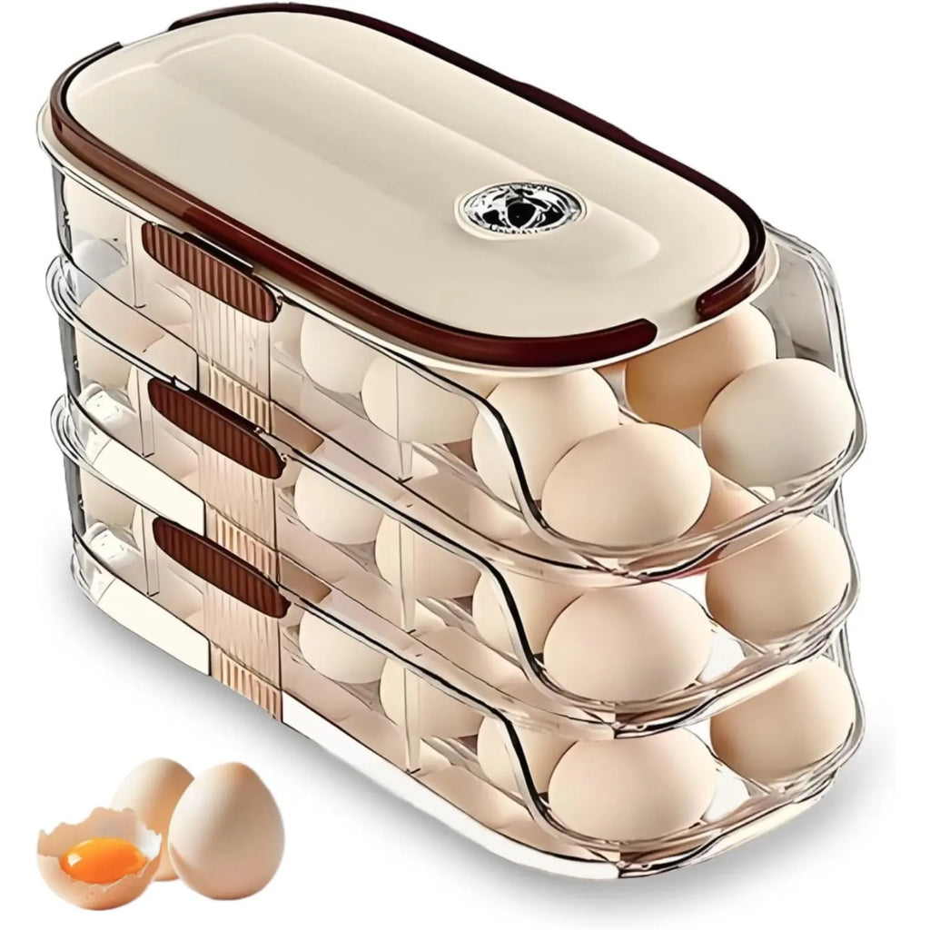 3-Tier 42-Egg Refrigerator Organizer with Lid & Auto Rolling Dispenser