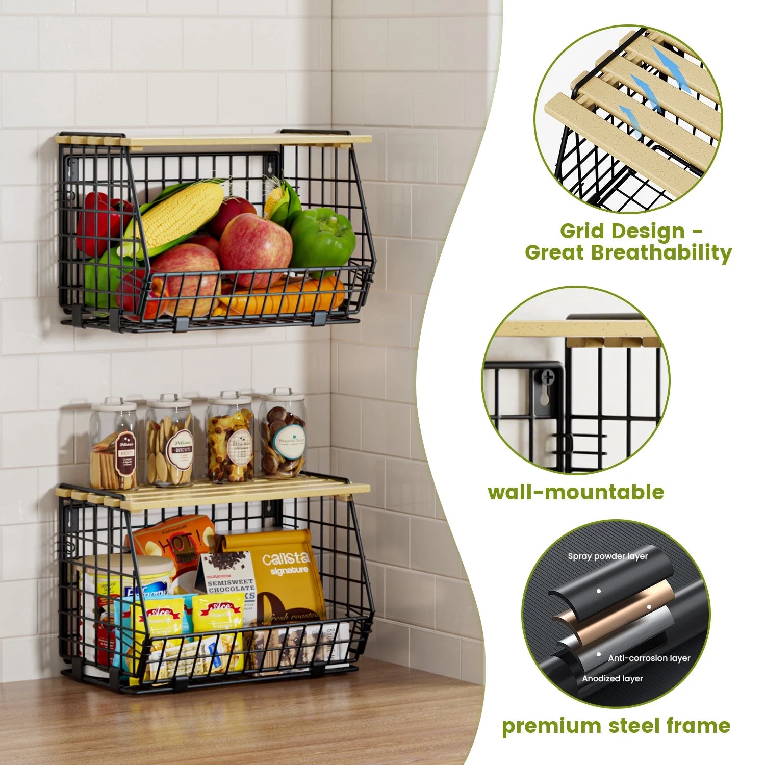 Stackable Fruit Baskets with Lid, 3 Pack Hanging Wire Fruit Basket for Kitchen Counter, Pantry Organizer for Fruits, Potatoes, Onions, Black