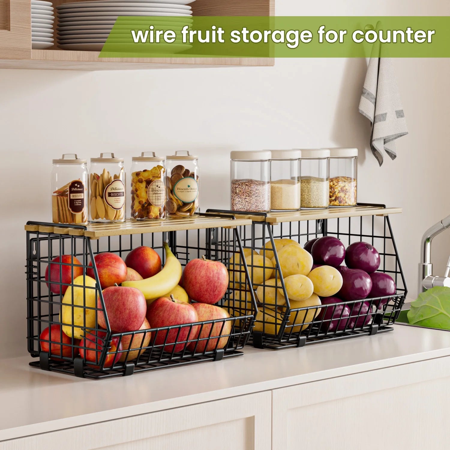 Stackable Fruit Baskets with Lid, 3 Pack Hanging Wire Fruit Basket for Kitchen Counter, Pantry Organizer for Fruits, Potatoes, Onions, Black